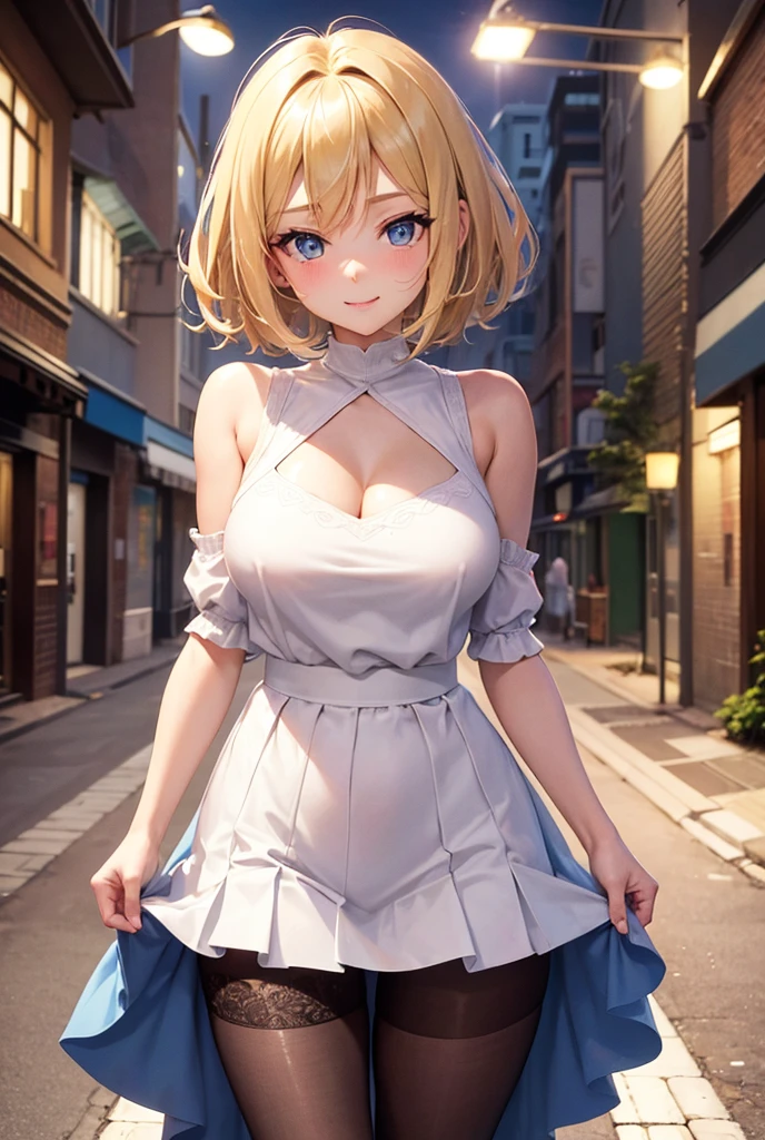 (masterpiece,highest quality,超A high resolution),Japanese women, (((Very beautiful 18 year old girl))), pretty girl、Look at the photographer､ ((Beautiful blonde bob hair)), Very cute face, Glossy Lips, Double eyelids on both eyes, blue eyes, Natural smile、 Natural Makeup, Long eyelashes, Shiny and smooth hair､Center image, Perfect limbs, Perfect Anatomy,(((Mesh Peplum Top,white panties、bottomless)))、panties around one leg,Bite、Streaks are visible、Wet with sweat,Cowboy Shot,Accentuate your butt、Big Ass、