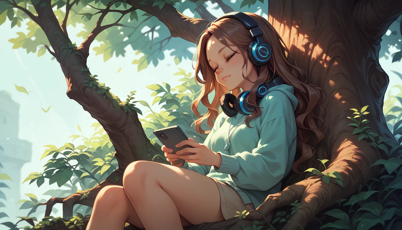 she has wavy brown hair and closed eyes, is between 18 and 20 years old, she is sitting under a tree, with a calm look, she wears headphones 