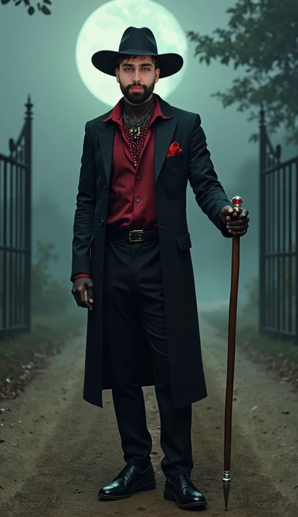Tattod male model shaved head, pointy mustache, soul pach, tall, slim fit, on his knees, all tattoos blacked, screaming and Baron Samedi, scull painted face, purple suit and heat, standing with a botle of rum in his hand anc cigar in his mouth just looking in Louisians swamp