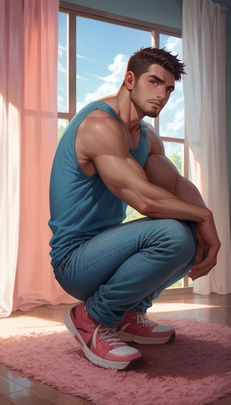 male wolf, squatting posture, hairy red eyes, half naked, jeans, Sky blue tank top in a pink room, Windows, white curtains