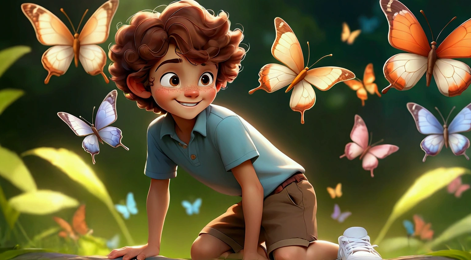 A boy with curly hair and green eyes of 11 years

