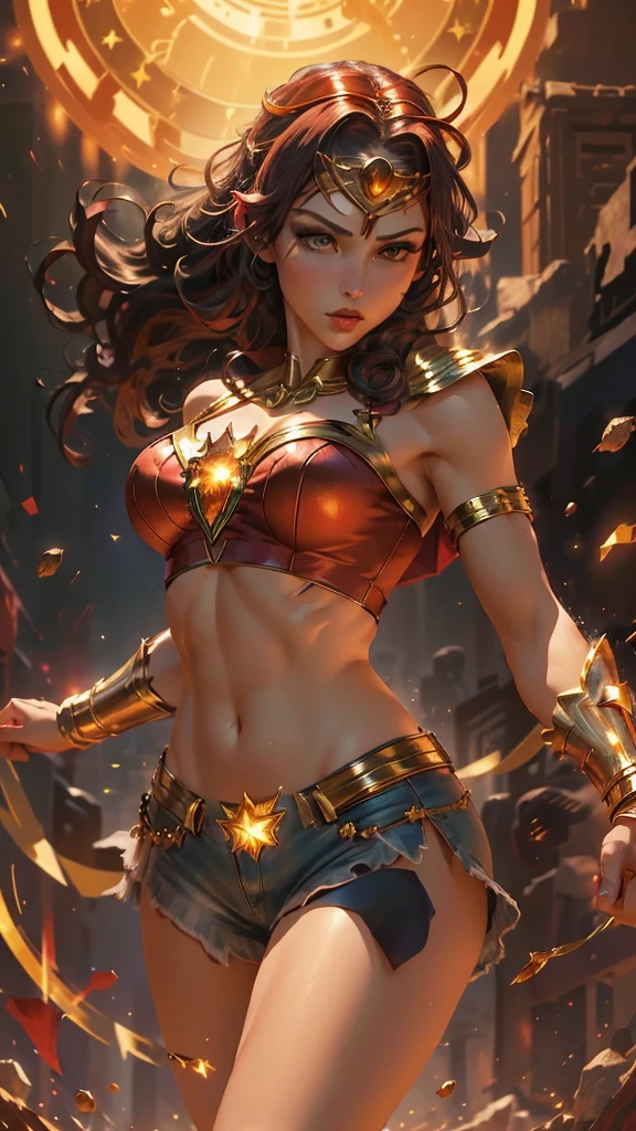 (best quality,4k,8k,highres,masterpiece:1.2),ultra-detailed,(realistic,photorealistic,photo-realistic:1.37),,superhero,sexy ,( beautiful female superheroine ,braided ponytail , red sleeveless crop shirt, with a golden Star, midriff wears (a golden tiara with a red gem on forehead) , golden bracelets, long red boots, and small red shorts) (Venus Star) (tiara) (green eyes) UHD (seductive look) (in battle)