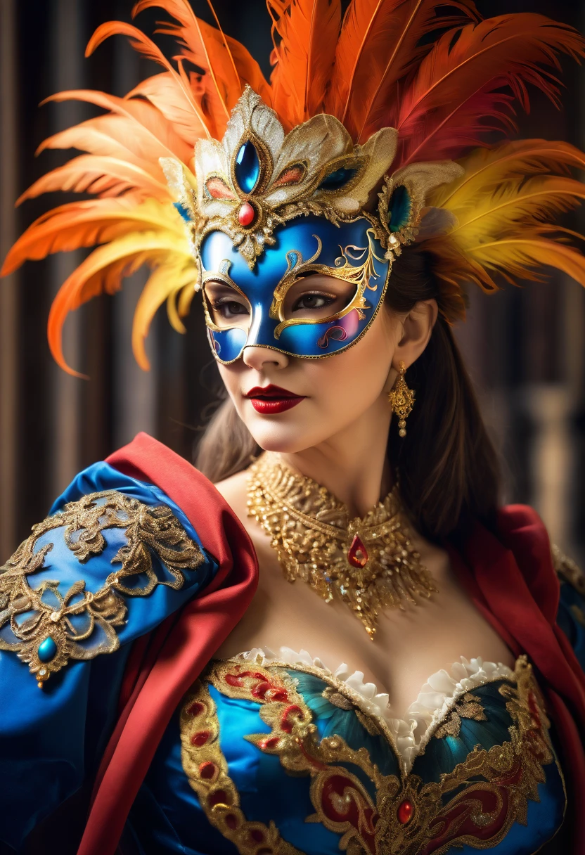 (Beautiful mature woman wearing traditional Venetian mask),(Best Quality,High resolution),Detailed face,Beautifully decorated mask,Colorful feathers,Superior Craftsmanship,Gorgeous patterns,Shining Jewels,Mysterious atmosphere,Artistic depiction,Soft lighting,Vibrant colors,Venetian Carnival Mature Woman,Classic beauty,Traditional Costume,Luxury Fabric,Elaborate headdress,Masquerade,Vibrant atmosphere,Graceful posture,Lots of movement,Celebration and excitement,Historical background,Elegant architecture,Moonlit Night,fascinating feeling,Masks worn by nobles,Whispered Secrets,Mysterious charm,Unique and captivating visuals.(full body:1.5),7 masquerade colors,