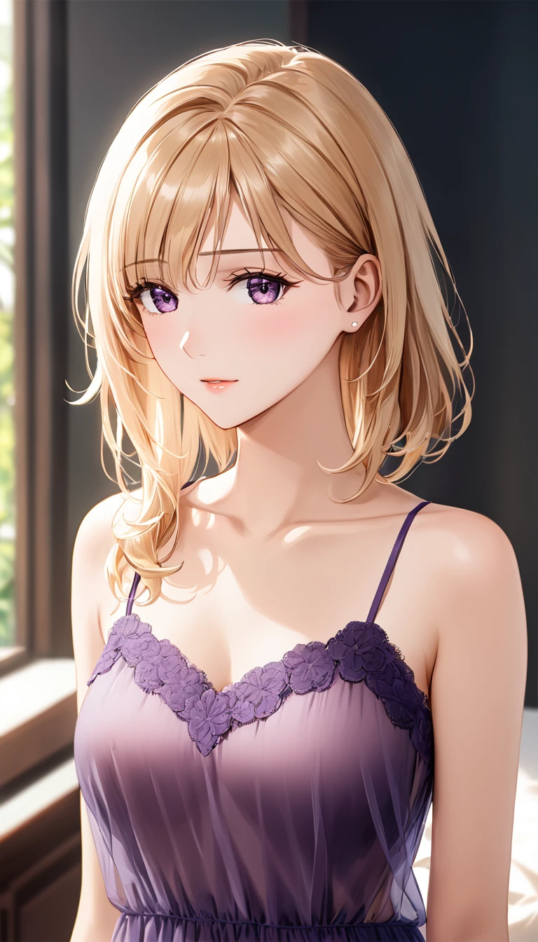 Portraiture, Realistic, Elegant mature woman, Purple eyes, Blonde, Transparent camisole, See-through erect nipples, 4K resolution, High quality CG, Beautiful CG, Soft Light,Embarrassed face,serious,