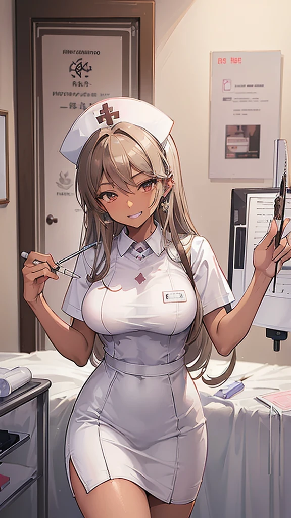 ((masterpiece、Highest quality、Very detailed))、One Girl、((Brown skin:1.3))、Blonde、Long Hair、Grey Eyes、evil smile、((Grin))、Earrings、Large Breasts、Nurse cap、((nurse))、((pencil skirt))、((Miniskirt))、Cowboy Shot、((Hospital room background))