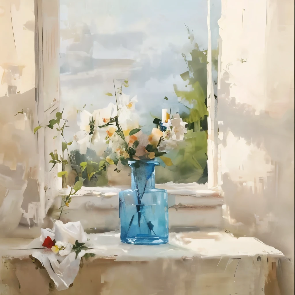 Indoor still life、Flowers in a vase、Flower vase on the windowsill、Lace curtains