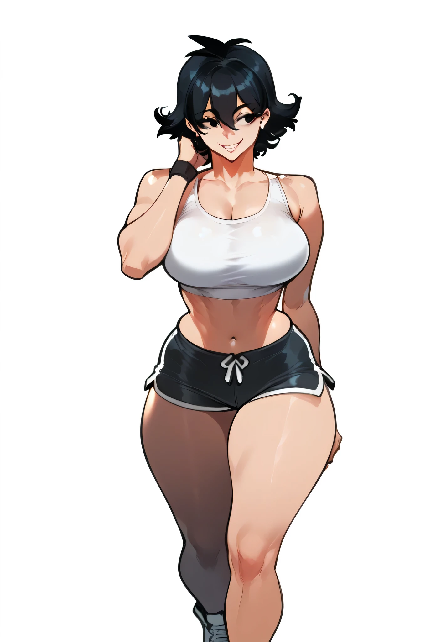 Score_9, Score_8_up, Score_7_up, 1 girl, black hair, black eyes, curvy figure, smile, microshorts, white tank top, sneakers, navel, big bust, walking, simple background, white background, 