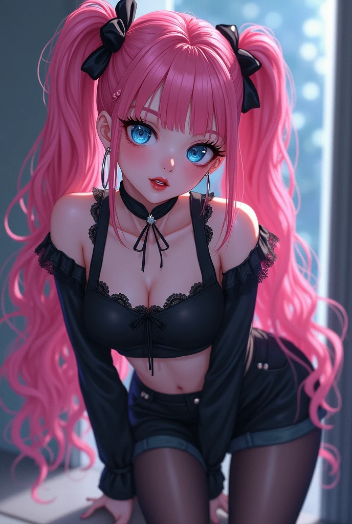 bare shoulders, collarbone, pleated skirt, bottomless, g-string, kneeling, pink hair, long hair, headphones, female solo, cat ears, breast grab, medium breasts, choker, boots, pink thighhighs, bokeh, uncensored, cover, head out of frame, pink theme, petals,