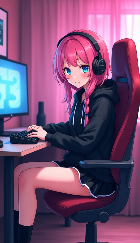 pink hair girl with freckles, pink blush and tattoos wearing knee-high socks and a short miniskirt, sitting in a pink gaming chair, holding a Xbox controller top quality picture, perfect symmetry, vibrant and clear, high level of detail and definition, 1200 PPI – Photographic resolution with greater central realism, Hyper-realistic and cinematic high-fidelity 16K UHD image resolution.