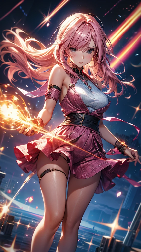 a girl, red hair, two pigtails (one pink and one blue), blonde, white shirt with a transparent texture, lace bra, full body, brown eyes looking at the viewer, possessive look, white skin, earrings in her ears, colorful tattoos in the arm and legs