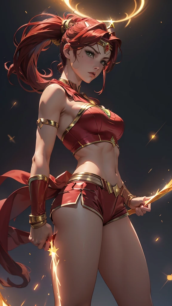 Name: Fiametta
Element: Flamara
Description: Fiametta is a fiery performer, renowned for her mesmerizing pyromancy shows in the streets of Rimolde.
Prompt: ((((Vibrant flames, pyromancer gloves, detailed hands), fiery sparks:0.8, action pose:1.2, crouched, concentrated expression:0.9, red hair:0.95, fiery highlights:0.8, loose attire:1.1, open mouthed:0.7), 1girl, medium breasts, ((youthful look:1.1)), full body shot, background: dark, focused eyes, dramatic lightning:0.9, close-up:1.1, looking down))