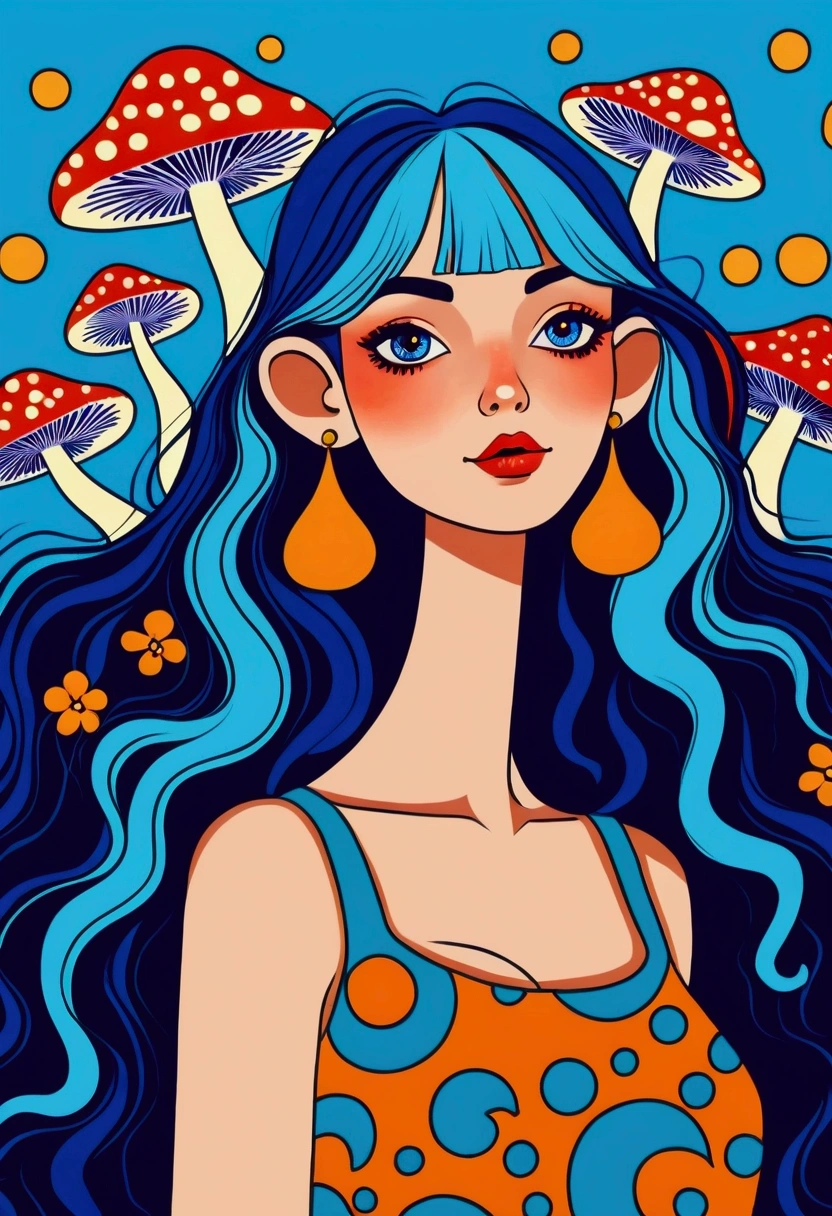 a painting of a woman with blue hair and mushrooms, psychedelic illustration, colorful illustration, colorfull illustration, whimsical and psychedelic, psychedelic mushrooms dream, jen bartel, in style of digital illustration, magic mushrooms, magic mushroom, retro psychedelic illustration, adobe illustrator art, psychedelics, vibrant cartoon art, colorful vector illustration, whimsical portrait, digital art illustration