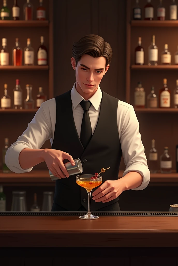for instagram page profile picture, The text must say "mixing.fretel", with a two-piece Boston shaker; elegant and professional, Water mark of an anime bartender bar background, that there are no human faces, realist, size 1:1, a man serving a Negroni