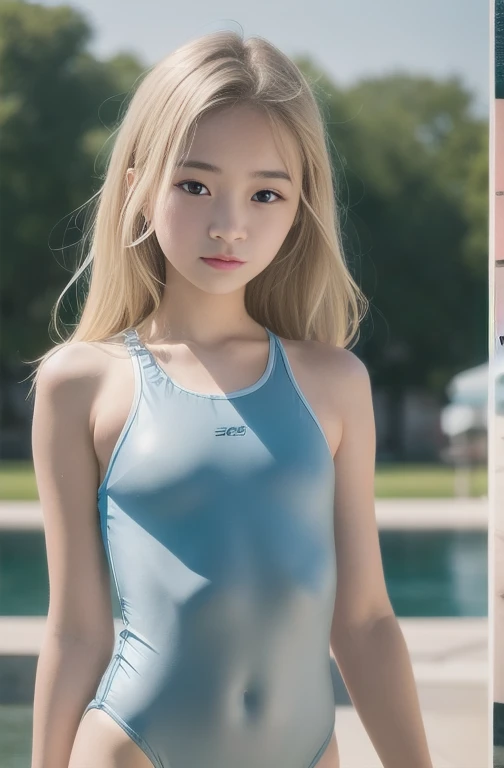 (((nsfw))), (table top:1.2, highest quality), (real picture, intricate details), 1 cute little primary school girl, solo, Upper body, casual, long hair, minimal makeup, Natural materials, close up of face, smile, (((elementary school pool))), bright platinum blonde long hair, bangs, bangs, bangs between the eyes, green eyes, (((Ultra-thin skin tight white school swimsuit see through nipples))):1.5, (((shiny white ultra high leg swimsuit))):1.5, (((erect thin pink nipples))):1.5, (((extra small pointy breasts))):1.5, (((Skin-tight swimwear))):1.5, (((extra thin waist))):1.5, small details, (((cameltoe))):1.5, (((spread knees up))):1.5,