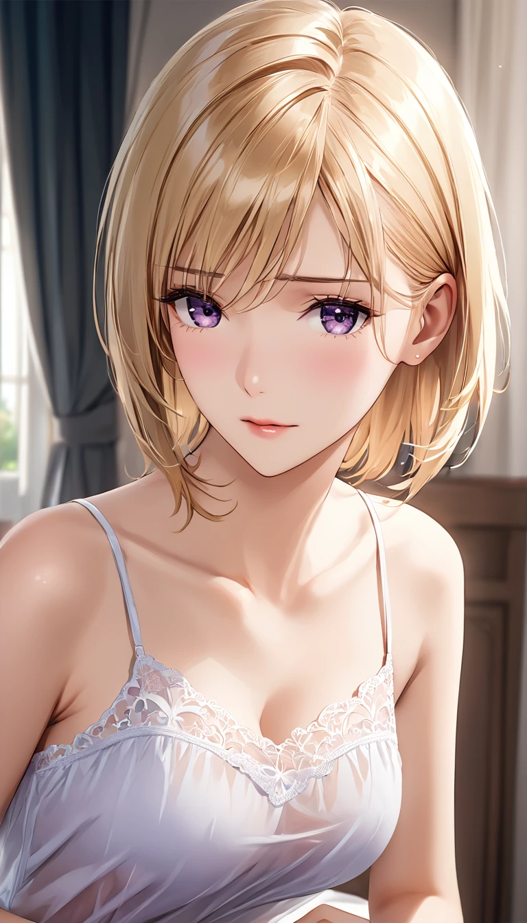 Portraiture, Realistic, Elegant mature woman, Purple eyes, Blonde, Transparent camisole, See-through erect nipples, 4K resolution, High quality CG, Beautiful CG, Soft Light,Embarrassed face,serious,White panties,nsfw