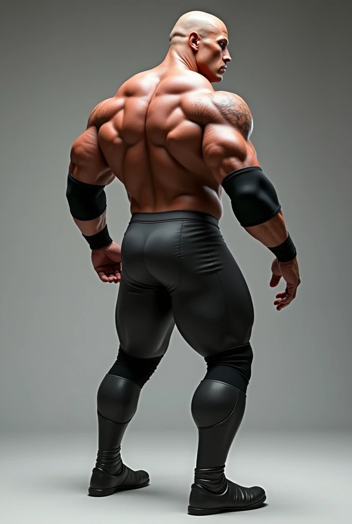 a beautiful handsome naked huge muscular male prisoner, standing blindfolded with his head in a full mask, back view, full body view, in the corner of an empty darkened room, seen from a low angle