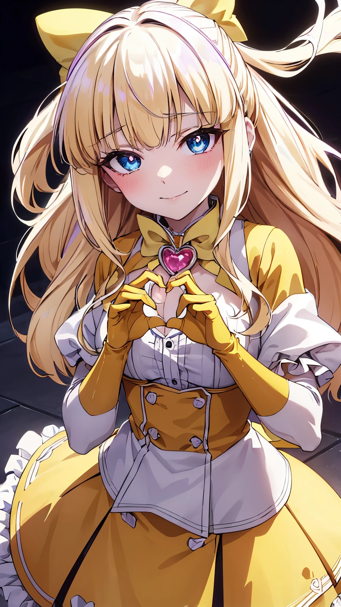 (chibi:1.2),kaoruko tenkawa, long hair, blue eyes, blonde hair,(blunt bangs),bow, hair bow, yellow bow,gloves,white shirt,yellow dress, heart, elbow gloves, magical girl, yellow gloves,flat chest,smile,(heart shaped hands),masterpiece,Noise Reduction,perfect anatomy,high resolution, ultra-detailed, ultra-detailed face,game cg,dutch angle ,beautiful detailed eyes,visualart,five fingers, perfect hands, perfect lighting, sparkling pupils,