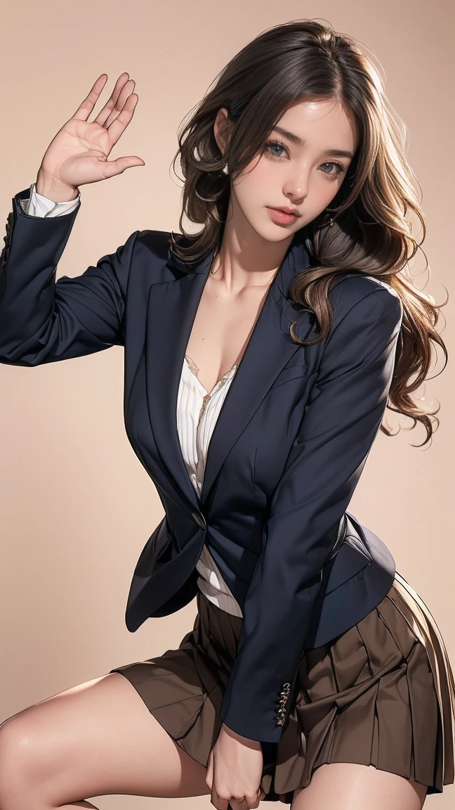 Ultra HD, high quality, 最high quality, High resolution, realism)) 、Two beautiful white women、Hair Color: Blonde、Blue Idea Hair、Straight Hair、smile、A slim but well-proportioned muscular body、An athletic physique、((Super long brown hair reaching to her knees:1.4)),((Hair with loose waves inside:1.4)), ((tight blazer is worn with formal shirt on female upper body_mini pleated skirt :1.3)),((standing gracefully:1.6)), ((chest thrusting pose, chest bragging pose:1.5))