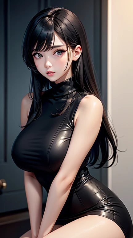 best qualtiy，tmasterpiece，超高分辨率，（fidelity：1.4），RAW photogr，1girl，long leges，deep shading，Dark space，Cheongsam high split slit，Sexy look，huge tit，Open chest and breasts，the detail，black lence stockings