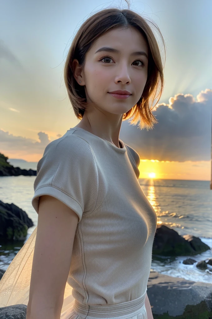 The sky turns red、Troubled face、Wet white t-shirt and jeans、、Light brown hair、Elegant hairstyle、Blue Eyed Woman、A woman with a cute upward gaze、When the sky gets dark、The sky turns red as the sun sets、Tight clothing that shows your body lines、、Elegant summer knitwear、Elegant summer sweater、Leather Belt、Short skirt、Dress elegantly着こなす、Luxury Bagedium Shorthair:1.4))、The sun shines on her、Light brown hair、Light brown hair、The sky was dyed red、There are clouds、private's cute、彼女のAmple breastsは服の上からでも明らかです.、輝く太陽はとてもbeautiful、Dusk is approaching、Lens flare、You can see the sunset、((Sunlight reflecting off the ocean、Ocean View、The sun shines on the ocean、'beautiful.、Small earrings、private'evening、Birds are also flying、、Brown Hair Color、Tying up hair、The woman is on the right:1.4))、Luxury Leather Belts、Shiny clothes、Light beige hair color、Background Blur、Braid only the front hair、Light brown hair、{{Cowgirl Shot}}、((Close-up shot from the waist up、Ample breasts:1.4))、にっこりsmile、Silk clothing、服からでも分かるAmple breasts、Braid only the front hair、Cowboy Shot、Gorgeous white collared silk shirt and brown skirt、Dress elegantly、Luxury Bags、素敵なsmile、((Ample breasts))、Full body photo、ring、Short skirt、Tuck your hair behind one ear、Silver Necklace、smile、 Elegant ponytail、Caustics、Highly detailed photos、Very beautiful and ideal short hair、Super no makeup、(8K、RAW Photos、Highest quality、masterpiece:1.2)、(Realistic、Realistic)、1 Girl、((Medium Short Hair、Looking into the camera:1.4))、Hair blowing in the wind