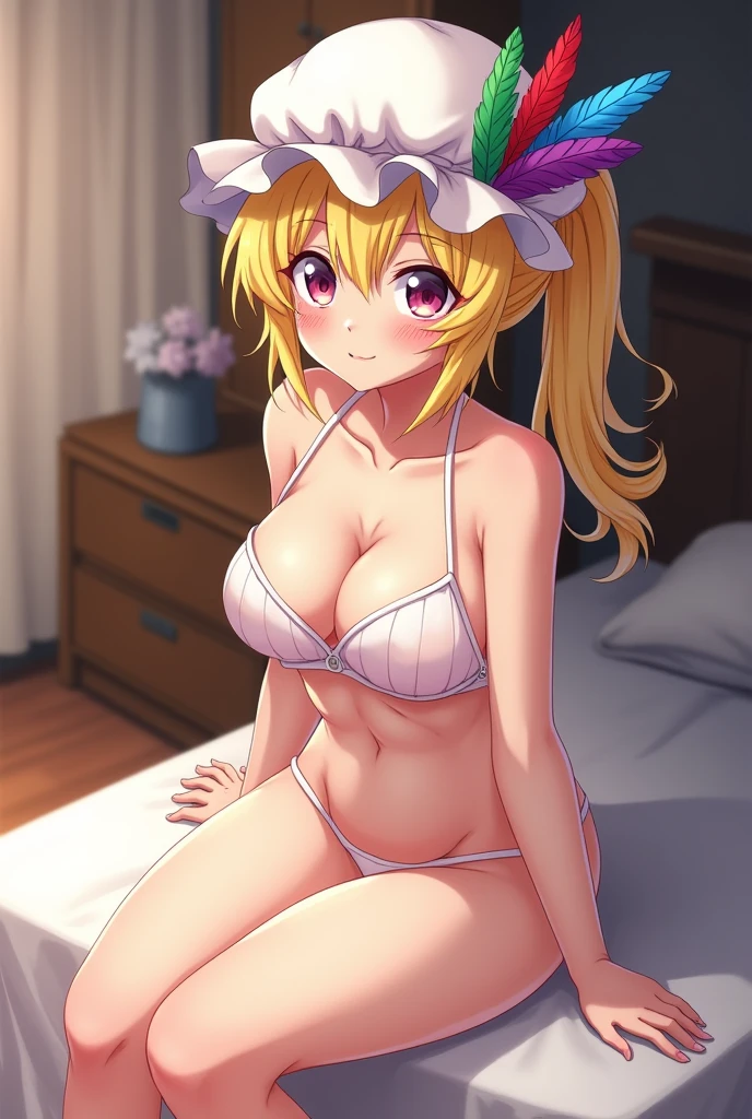 (masterpiece), (highest quality), ((Super detailed))、(super delicate)、Cute naughty Fighter girl、Pastel colors hair、(large breasts:1.2, Thighs:1.2, thick legs:1.2, curvy:1.2)、Gorgeous、yellow orange hair, undercut, two side up, short hair, (naked:1.4), standard height, (laughing、blush:1.2, grin, smug, fang:1.2), fighting pose