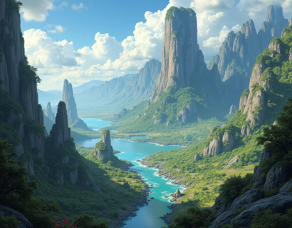 Craft a dramatic landscape where storm clouds of data gather over a fusion of colossal silicon trees and organic valleys, portraying a powerful synergy between nature and technology. enormous tits