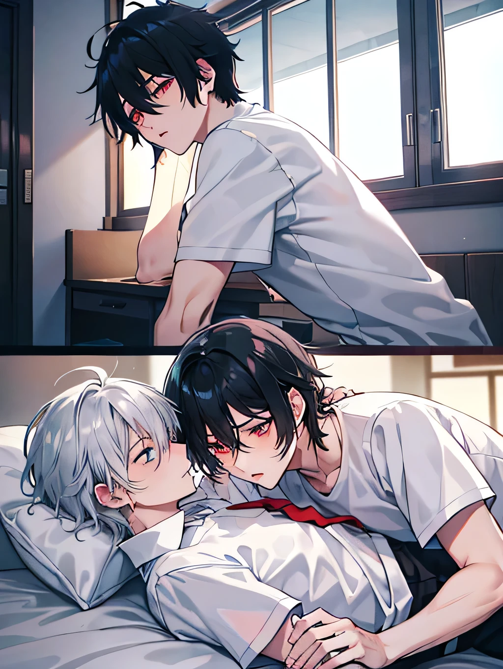 Shota, 2guys,without wearing shoes, White socks, Sports wear(rot, blanche), Bedrooms,kiss, tmasterpiece, k hd