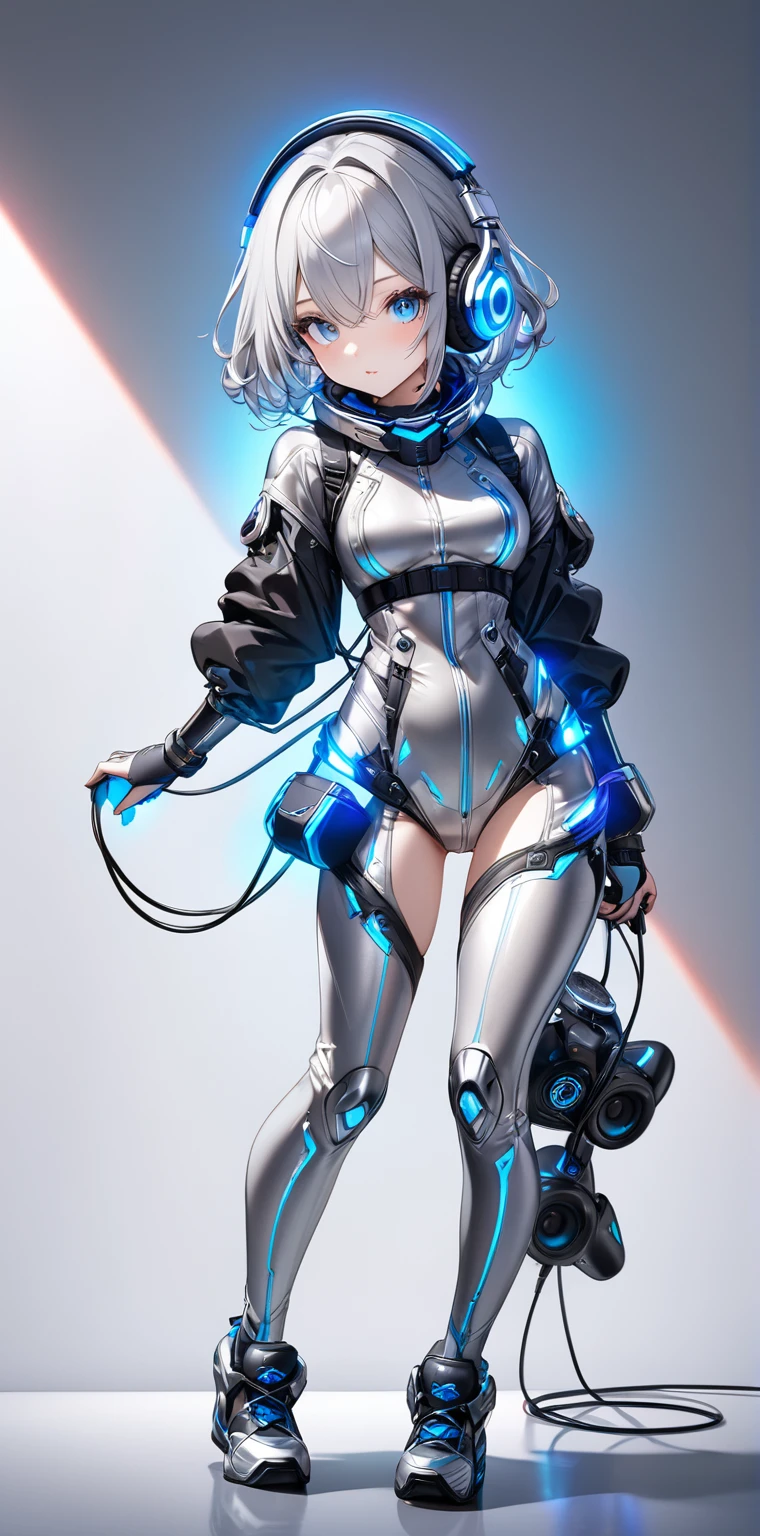 View from below angle from below girl mecha half cyborg, with long blue hair, with blue eyes, with a gas mask on his face, cybernetic suit blue, costume parts with blue lights and LEDs, a multitude of glowing blue lights, hands prosthetics, wide hips, gorgeous figure, small breasts but they are covered by a mechanical suit, flat horizon photo, the background of the image is blue lights and glare
