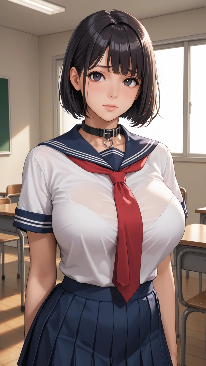 (1girl:1.3), Masterpiece, Best quality, amazing beauty, 4K, absurdres, finely detail, super detailed eye, perfect anatomy, official art, cinematic lighting, BREAK, room, silky bob cut, black hair, super shiny detailed black eye, watery eyes, tareme, Looking at Viewer(camera), collar, shy face, BREAK , huge breasts, medium, portly, white skin, Are standing, full body, from front, Bold composition, Spotlight, BREAK , (school uniform:1.2), BREAK,()				