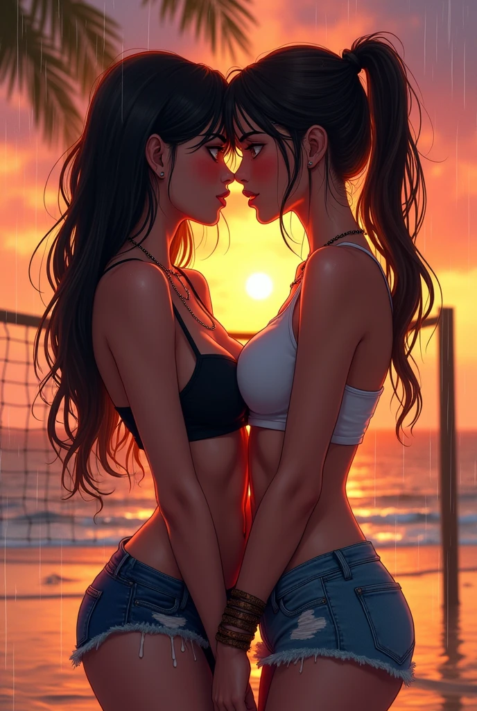 Two girls，Bikini swimsuit，Same stature，One black and one white，Hold each other，The two bodies are close together，Kiss，in class room