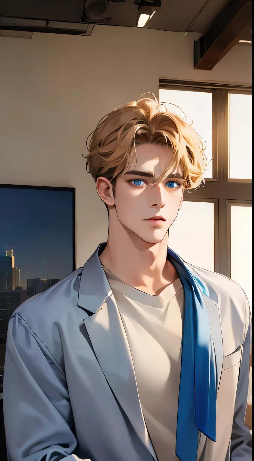 (best quality, masterpiece, 8K, photorealistic, cinematic lighting, hdr image, ultra detailed, beautiful image), 1 man, 3, mature man, very handsome, (without expression, serious), short golden hair, blue grey eyes ( penetrating gaze), perfect face without errors, imposing posture, without errors, businessman, office background