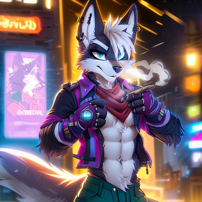 Best quality, Super detailed illustration, cartoon illustration, ultra high 4k quality, by zackary911,zackary911, fluff-kevlar, by fluff-kevlar, (anthro furry:1.2),male, solo, Wolf O'Donnell, male, wolf, (dark grey and white fluffy fur, wolf ears, white hair, blue eyes, gold hoop ear ring), (purple jacket, pink shirt, green pants, gloves), (standing, blowing kiss,), (masterpiece:1.2), hires, ultra-high resolution, 8K, high quality, (sharp focus:1.2), clean, crisp, cinematic, 