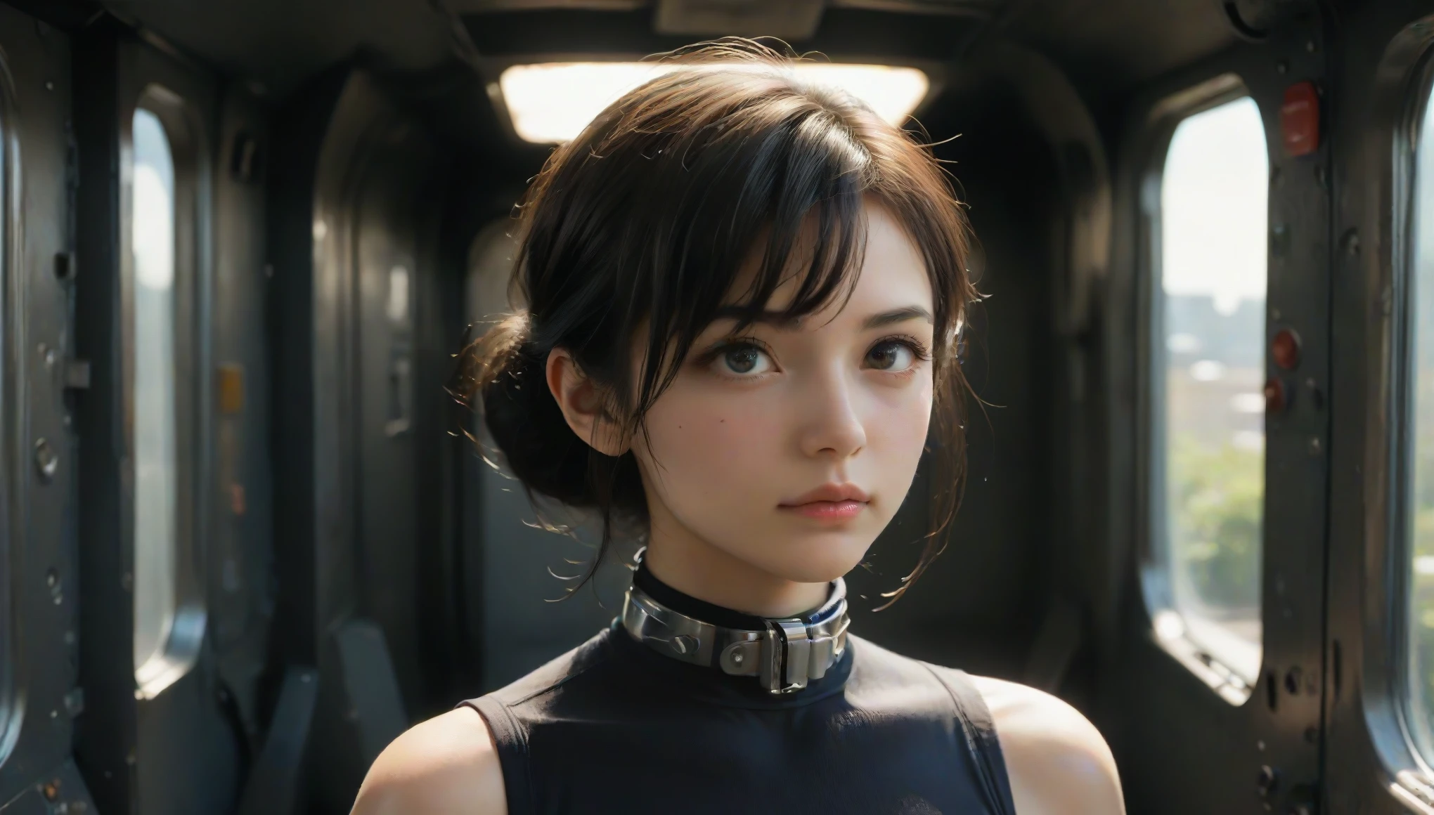8k, Ultra-high resolution, Best Quality, masterpiece, 三分割法によるphotograph,Surreal, photograph, 1 , (:1.3), cute, cute顔, 細部までBeautiful Eyes, 細かくdetailedに,masterpiece,One Girl:1.2,Japanese women,upper class,Lady,extream close up,glaring,Black hair,Curl inside hair,ID photo, A ruined future,Brutal Cyberpunk Woman,Inside the spaceship,(Rococo dress meets space suit:1.3)(BDSM:Queen),(bound:collar),(bound:Lock:1.5),(bound legs),(Lock:Locked)(collar:cuffs),(bound:Lock:1.5),(bound legs),(Lock:Locked)(collar:cuffs),Expressions of despair,Dark and atmospheric lighting,Subtle details, detailedな顔,anger,Attractive eyes,(ポートレートphotograph:1.4),(Photorealistic images:1.4),Fantasy art,(Beautiful Face:1.4),美しくAttractive eyes、Beautiful Eyes,(Tight waist:1.4)、(Beautiful with perfect body proportions:1.4),Red lips,profile,(((Ideal body type))),A cup small bust :2,、Portraiture:2、Perfect Anatomy、鮮明なdetailed、detailed,Fashion magazine cover,Thin lips,完璧でBeautiful Face ,完璧でcute顔, Detailed skin, Perfect limbs、Narrow waist,Surreal,Light and Shadow,spotlight