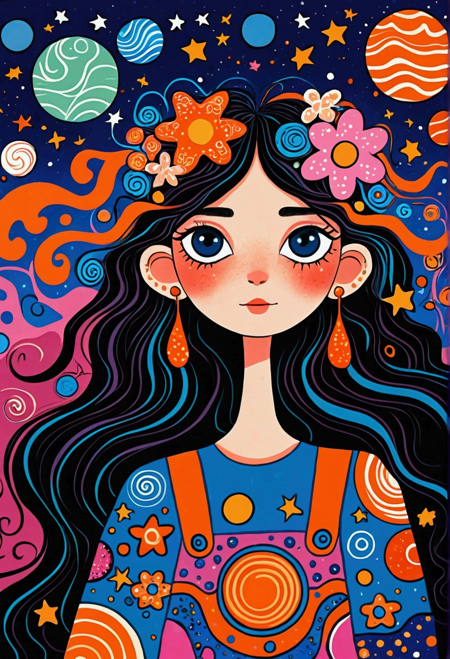 Colorful psychedelic illustration of a character with long wavy dark hair adorned with vibrant patterns. The background features whimsical elements like planets, mushrooms, stars, and swirling shapes. The character is wearing a blue outfit with various orange, pink, and floral designs, blending harmoniously with the vivid and imaginative scenery.