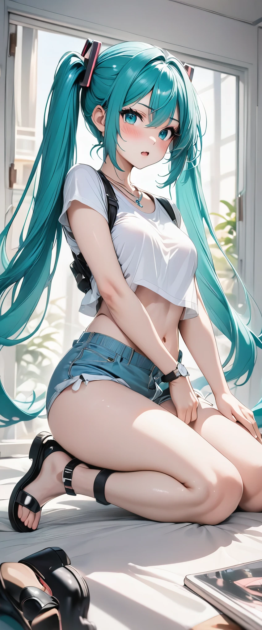 ((Hatsune Miku)),(3 woman),(The T-shirt is white）、（Cute culottes in pink）、（Underboob）、（Black Sandals）、Anime face、masterpiece, Best Quality, Best Quality, 16k, Very detailed, AI-generated, Delicate and dynamic, Very delicate facial expression, Delicate eye depiction,Big eyes and cute、 Healthy, Height: 160cm, Cute little breasts、blush, ((Beautiful thighs)), (Pure white background)、（（Anatomically correct body））、（Watch the viewers closely）、（Focus is on the face）、Full body view、Blue Eyes、（Transparent skin texture）、（Shoulder Holster）、（Pink bulletproof vest）、（Accentuate your breasts）、（Leg Holster）、Model pose、（A small and cute necklace in silver）