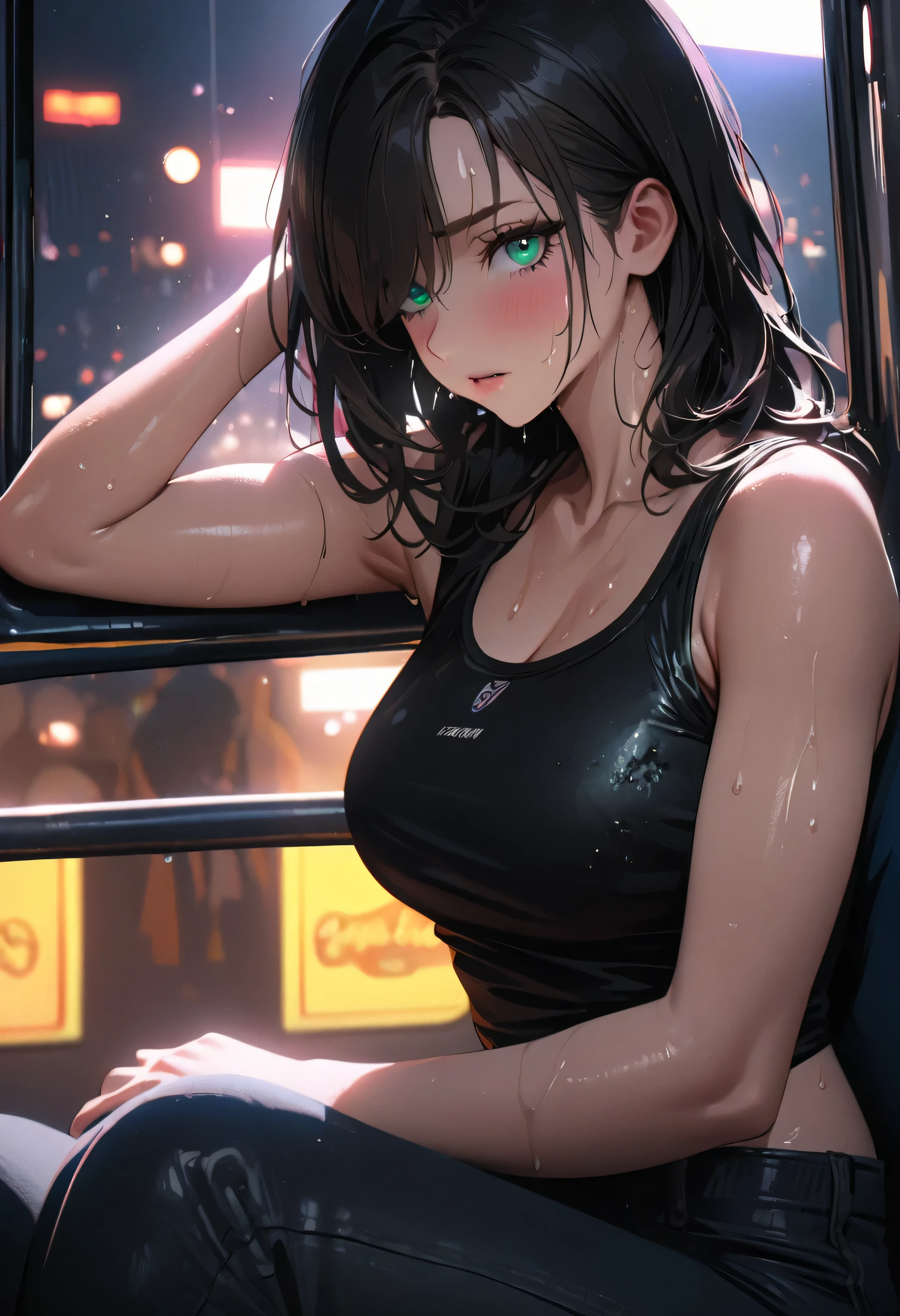 (nsfw,cum on body,bukkake:1.5),((perfect anatomy:1.2,realistic:1.3,RAW Photography:1.3,masterpiece、highest quality、Ultra - High resolution、High resolution、Highly detailed CG、8K)),cowboy shot,1 female,solo,18 year old beauty, Japanese、((beautiful detailed face and eyes:1.2,big gorgeous eyes:1.2,crying,)),dark brown  hair,long hair,bangs,medium breasts,slender body,small head:1.5,skinny,(brown skin:1.5),(oily skin,gleaming skin,shiny skin,sweat:1.4),(skindantation,rolled up T_shirt,black T_shirt,navel,perfect white panties,love juice,black socks,black sneaker shoes),standing,arms behind back,Shibuya Station、Tokyo、neon、at night、