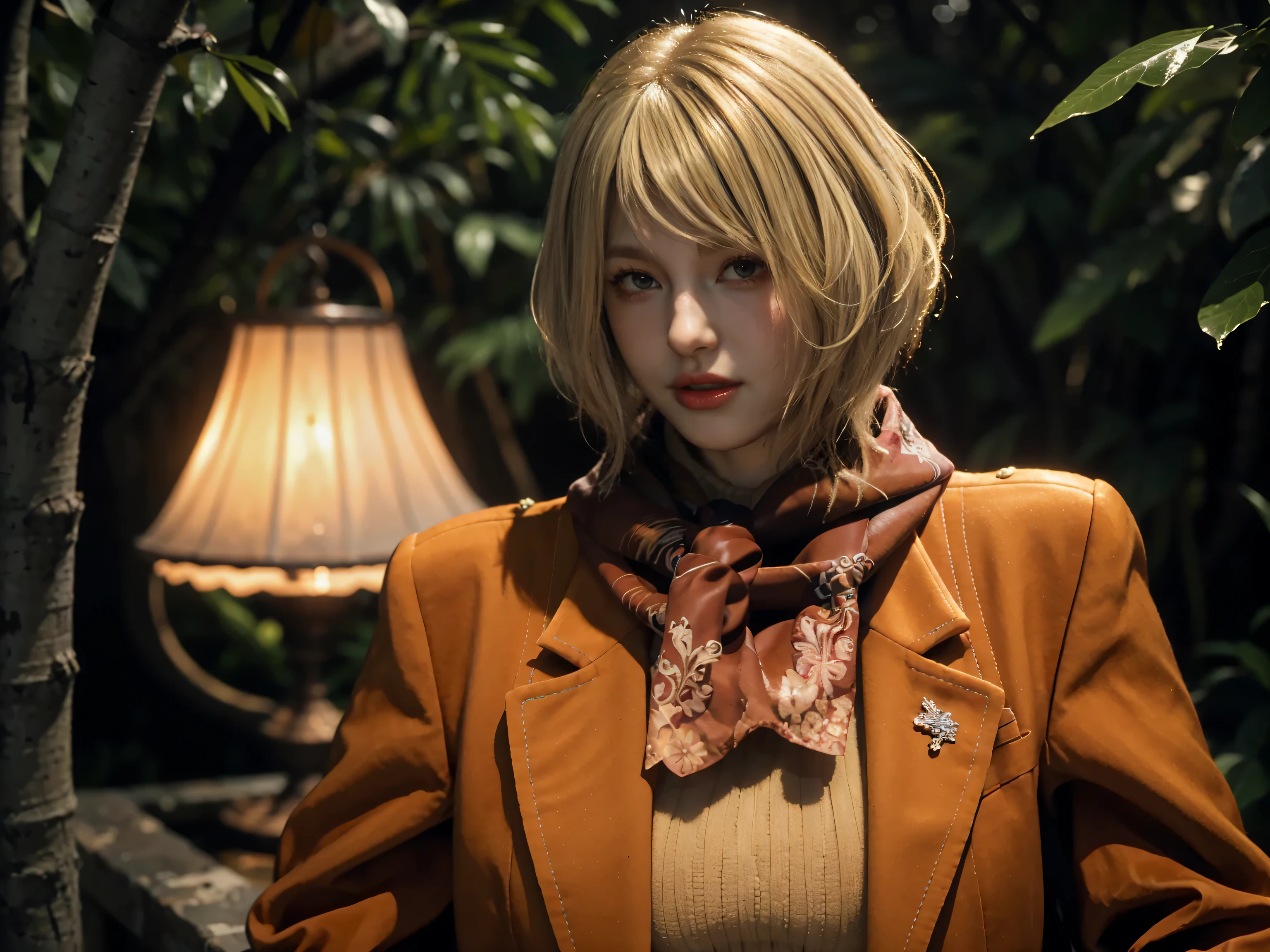 (Best Quality, 8k, masterpiece: 1.3), One Woman,Voluptuous body,Large Breasts,ashley graham, yellow clothes, green plaid skirt, 1girl, Blonde_hair, feathers, green_eyes, looking_at_viewer, paradis_military_uniform, realistic, short_hair, Alone, swept_bangs, upper_body, 1girl, Alone, looking_at_viewer, short_hair, Blonde_hair, green_eyes, jacket, upper_body, scarf, lips, leaf, freckles, red_scarf, realistic, Background