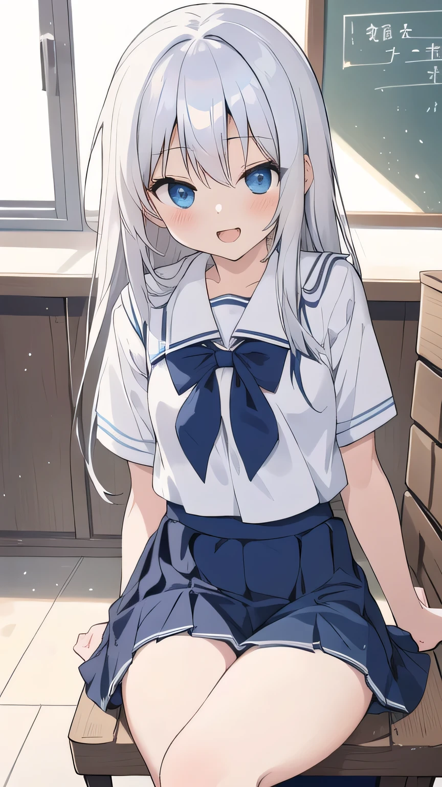 cute girl, アニメ, silver hair, straight hair, Blue eyes, (young:0.9), (small bust:0.5), (cute:1.3), (middle bust:0.8), (cute girl:1.2), cowboy shot, cute, side shot, (Smail:1.3), open mouth, backwards, (sit down:1.5), (white school uniform:1.5), (dark blue skirt:1.5), ローアングル, close eyes, (cross legs:1.4), (seduce:1.5)
