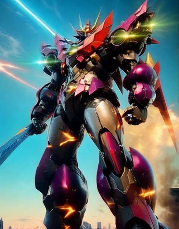 Humanoid Mecha, Fully enclosed shoulder guards, Matching arm and leg guards, whole body, Full Armor, Super Robot,Armed with a giant sword、 Robust and agile design, ( the concept Inspired by Super Robot, Lion concept chest armor, Temporarily stop, Standing, Floating above a futuristic sci-fi city), Exquisite and mature art style, (Aura effect, Energy, Glowing Eyes, Armor Shines), ((ＳＲＳ)), metallic, dramatic, High resolution, Best Quality, High resolution, Very detailed, Ultra-fine painting, Very delicate, professional, 完璧なボディprofessionalポーション, Anatomically correct, Symmetrical face, Very detailed目と顔, High quality eyes, creativity, RAW Photos, 超High resolution, 32K, Natural Light, Cinema Lighting, masterpiece-anatomy-perfect, masterpiece:1.5 Glowing Eyes　A clearly symmetrical head　Glowing eyes