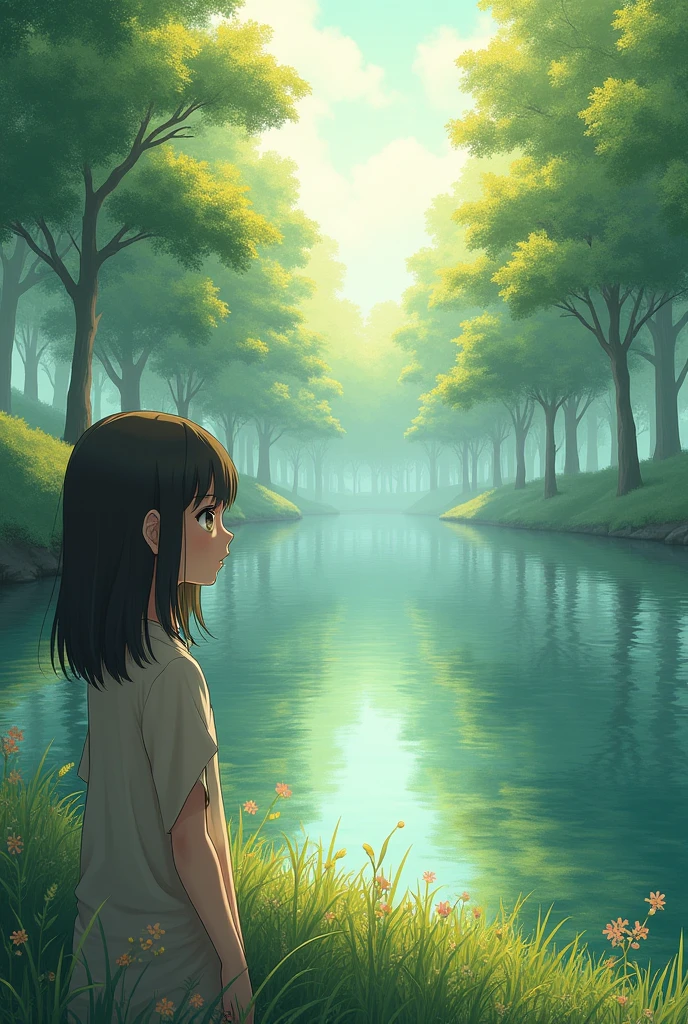 A  with pigtails is along a pond