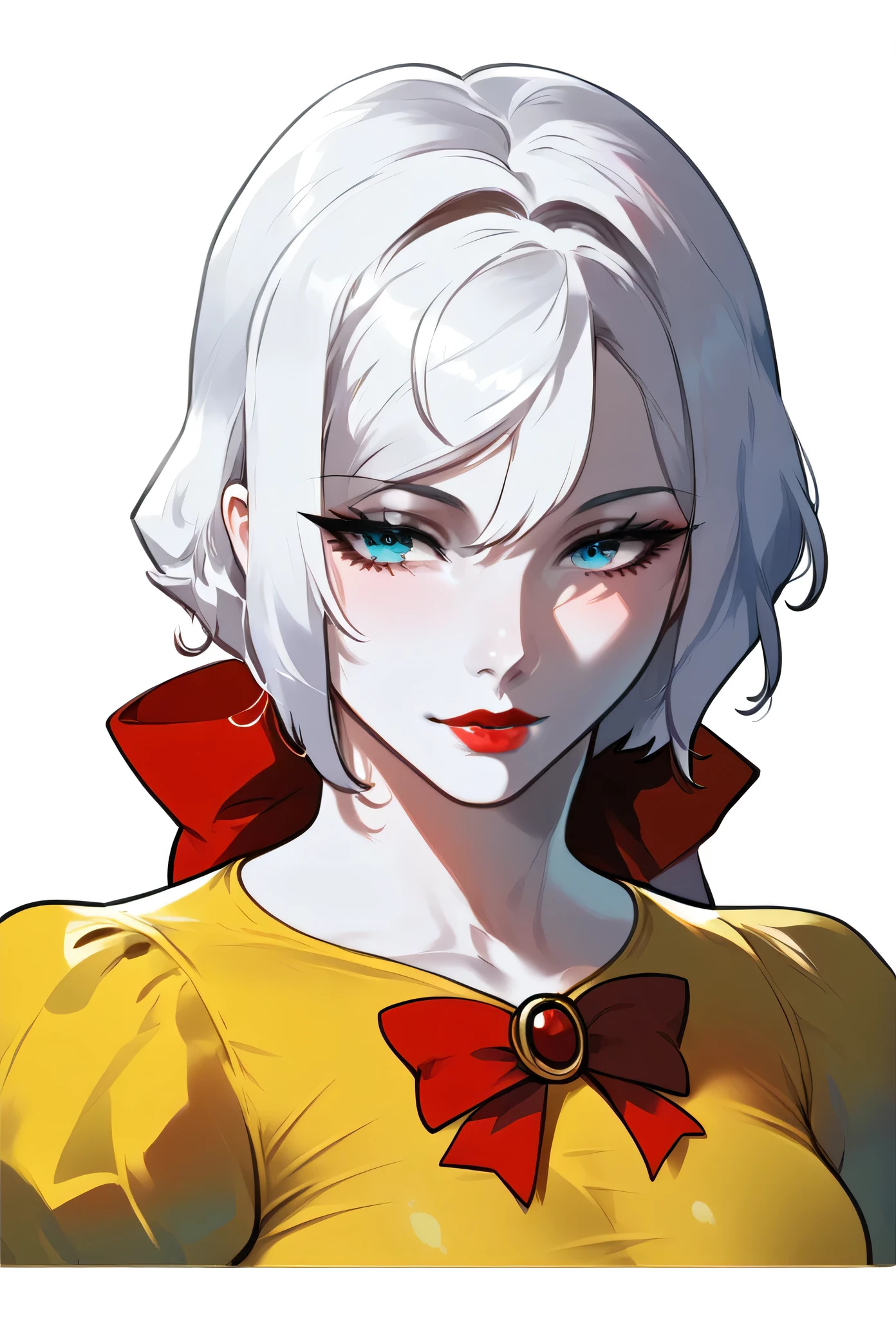 a close up of a woman with a yellow shirt and a red bow, a photorealistic painting inspired by Cindy Sherman, featured on reddit, pop art, pale snow white skin, faye valentine, portrait of snow white, snow white, with pale skin, 4k hd. snow white hair, pale fair skin!!, soft pale white skin, young beautiful amouranth, white background, background white.