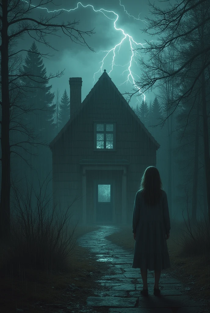 a woman in white standing in the rain looking at a house with large glass windows and one inside the house in the middle of the night amidst the trees of a forest, she needs to be scary and