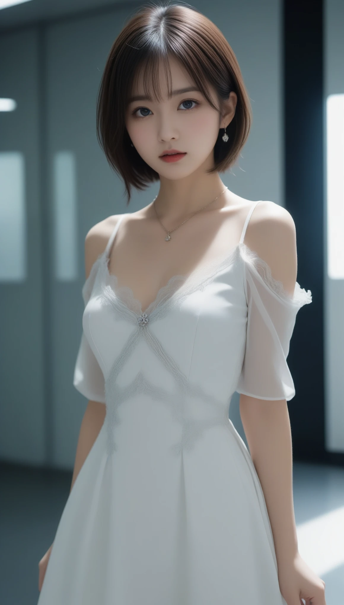 top-quality、masterpiece、超A high resolution、(Photorealsitic:1.5)、Raw foto、1girl in、murky、deep-shadows、Unobtrusive、cold light、sexy appearance、shorth hair、((very_short_hair))、((Luxurious dresses))