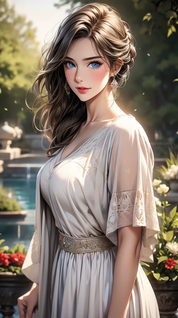 (highest quality,4k,8k,High resolution,masterpiece:1.2),super detailed,(realistic,photorealistic,photo-realistic:1.37),detailed and beautiful blue eyes,dense and beautiful lips,highly detailed eyes and face,long eyelashes,[garden, Bright colors,soft natural light,romantic atmosphere,vivid flowers, flowing dress,feminine and elegant pose,Happy and confident look, High fashion style, Dreamy scenery, fine art portrait, art print quality, oil painting techniques, impressionist style.smiling with her mouth closed, russian fashon model, skinny, busty, 