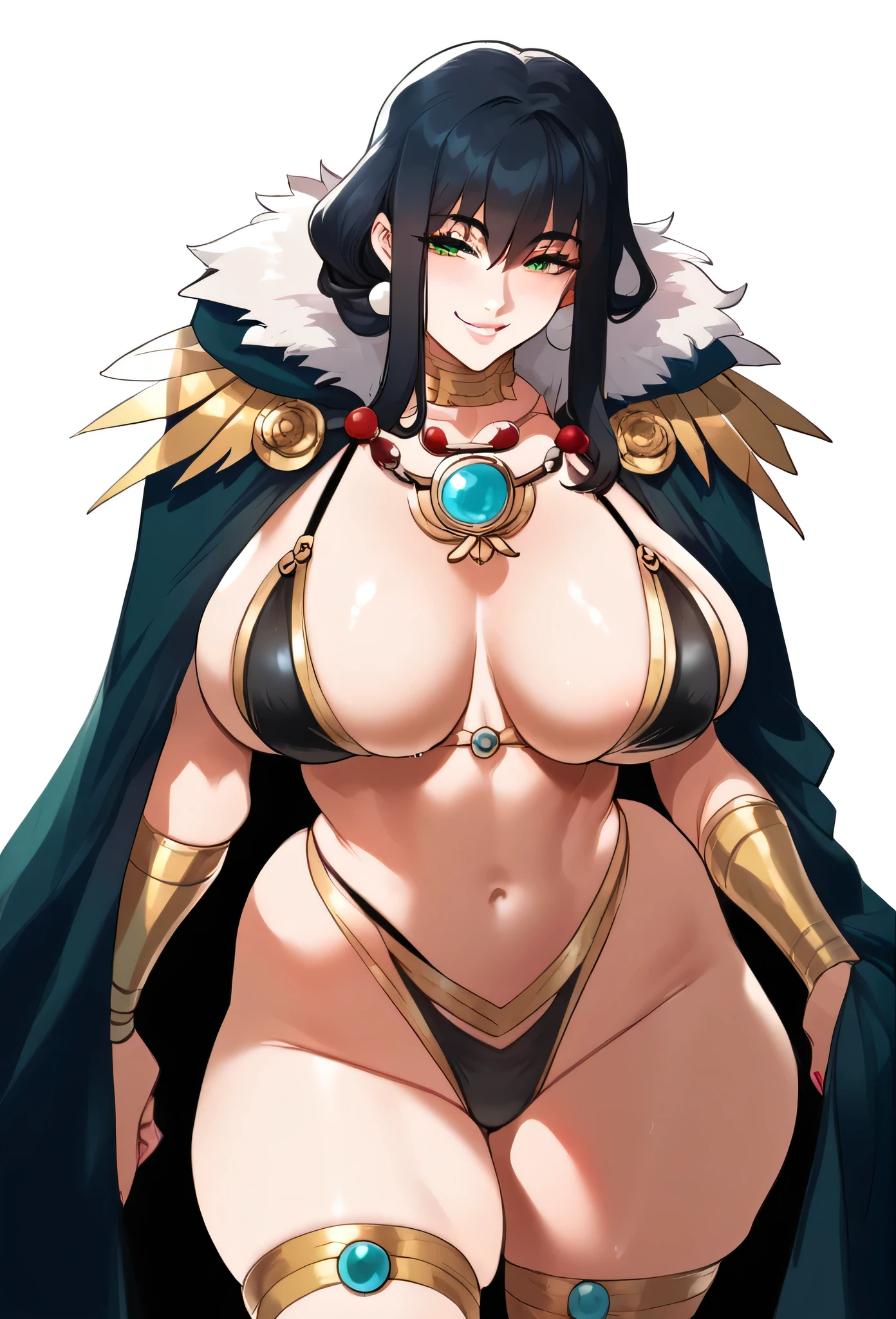 a cartoon picture of a woman in a bikini and a cape, japanese goddess, seductive anime girl, thicc, giantess art, touching her clothes, comic artwork, oppai, ecchi anime style, revealing clothes, ecchi style, range murata and artgerm, big breasts!, teasing smile, (sfw) safe for work, oppai proportions, white background, background white.