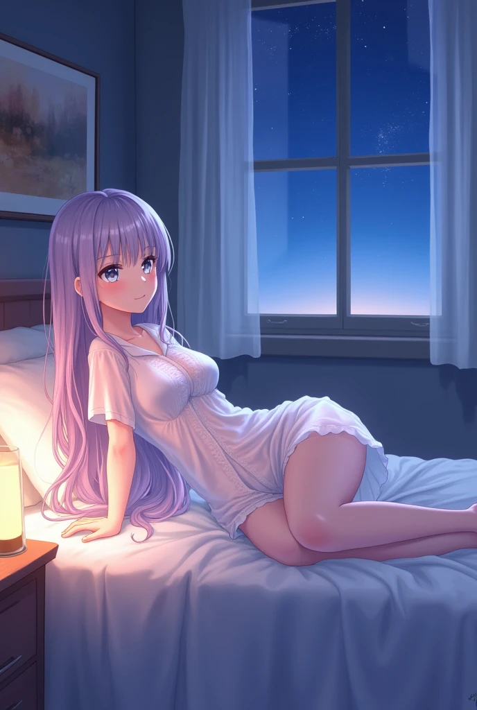 Rating_explicit, cute girl with a messy bun wearing nothing but a night gown masturbating and grabbing her breasts, girl, solo, sideview, orgasm, pleasure, bed, sheets, closed eyes, long hair, breasts, nipples, spread legs, vaginal juice, blush, arched back, hazy, depth of field,dreamy, pastel, backlight,moonlight, dust particles,
