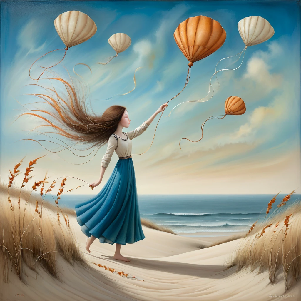 oil and acrylic painting of a coastal scene. In the style of Gabriel Pacheco, nicoletta ceccoli, Tracy Grimwood. A young woman energetically holds a thread to which are attached several theatrical masks floating in the sky and tries to prevent the wind from ripping the thread from her hands . The background is a dune with autumn grasses and flowers from which the sea and high cliffs can be seen. Use theatrical masks to enrich the meaning of the image, which should convey the woman's effort to prevent the wind from tearing the thread from her hands. dreamlike and surreal atmosphere. Colors ochre, amber, orange, browns, octanium blue, skillfully dosed to create contrasts and soft shadows
