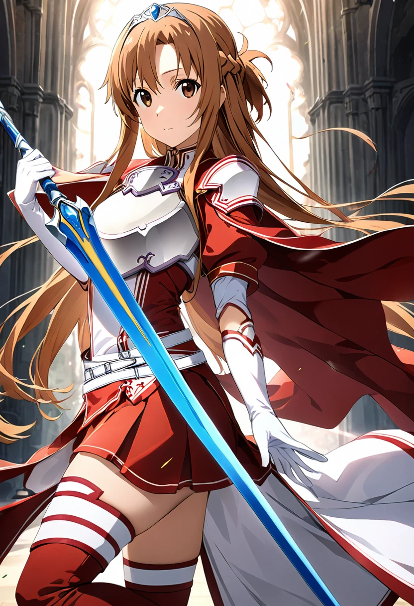 Best Quality、unity 8k wallpaper、32K、masterpiece、Very detailed、Ultra-high resolution、Very detailedな顔, RAW Photos, professional, Ultra-fine painting,　Platinum tiara with red gemstones、Red Nun Cape、( 20～Female magical warrior,White and gold breastplate, Yuuki Asuna, brown eyes, brown hair, long hair, bangs, braid
Yuuki Asuna, blue eyes, Red and white leotard、(((With side armor and long slits、Tight skirt decorated with red and white gold)))、Short puff sleeves with shoulder pads、A large white ribbon with a large sapphire on the chest、White and red long gloves、White and red thigh-high stiletto boots、whole body、He has a spear with a glowing blue blade