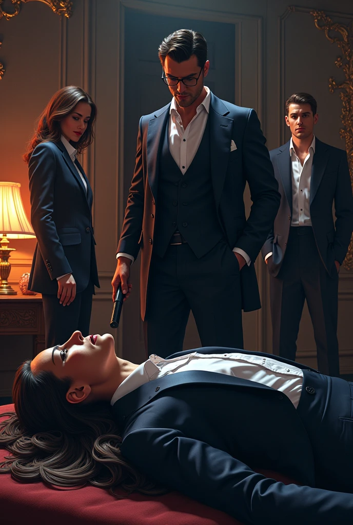 a stylish tomboy woman in casino short hair in a suit and tie kissing reclining while laying flat, touching multiple girls laying around her their legs visible in the frame, fashion,elegant,glamorous posture (best quality,4k,8k,highres,masterpiece:1.2),ultra-detailed,(realistic,photorealistic,photo-realistic:1.37),HDR,UHD,studio lighting,ultra-fine painting,sharp focus,physically-based rendering,extreme detail description,professional,vivid colors,bokeh,portrait,high fashion,elegant,glamorous,cinematic,dramatic lighting,moody,mysterious,sensual,sophisticated