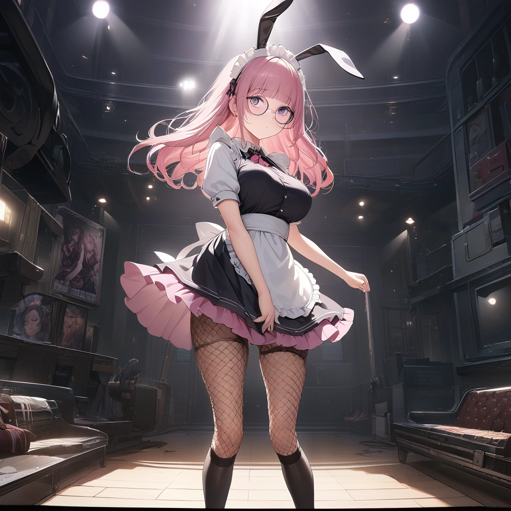 high quality,best quality,masterpiece,4k,8k,(((black bunny girl costume girl))),black bunnygirl suit,high leg costume,groin covered with black pantyhose,show off groin covered with black pantyhose,costume with white collar,eighteen years old girl,great figure,large breasts,pink bowtie,looking at viewer,light blue hair,pale pink inner hair color,length to shoulder twin tail hairstyle,black bunny ear headband,((all legs coverd with black pantyhose)),blush,(at casino),grabs four cards,lean against casino table